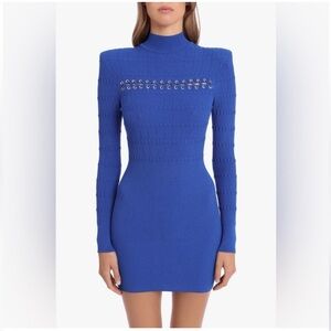 NWOT Balmain Vibrant Blue and Long Sleeve Ponteille Rib Knit Mini Body-con Dress